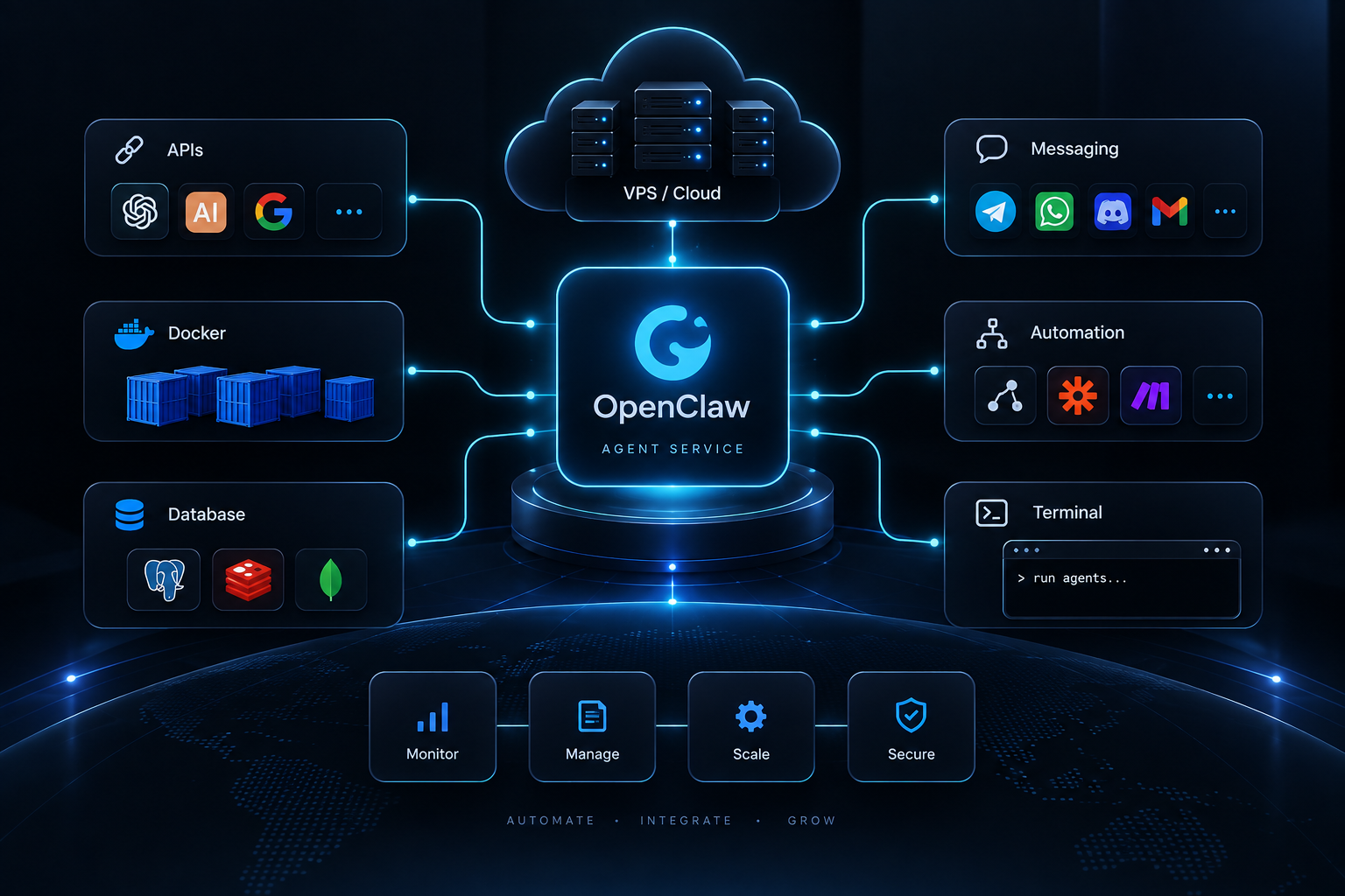 Illustration for AgentVPS article: OpenClaw VPS: Complete Guide to Hosting OpenClaw 24/7. Learn how to host OpenClaw on a VPS, what server resources you need, and how to keep your AI agent running securely 24/7.